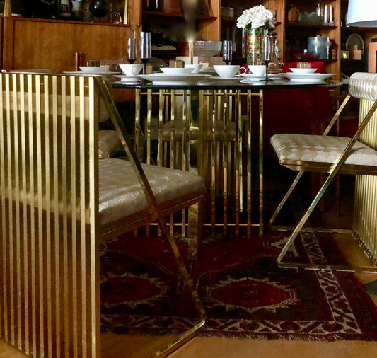 1980s BRASS SLAT PEDESTAL /PIERRE CARDIN STYLE TEMPERED GLASS TOP TABLE TABLE