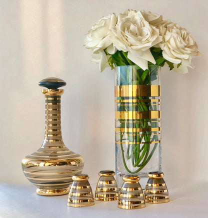 CZECH GLASS LIDDED DECANTER GOLD APPLIQUÉ SET