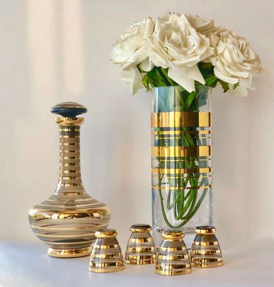 CZECH GLASS LIDDED DECANTER GOLD APPLIQUÉ SET