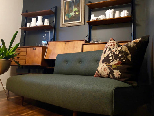 REUPHOLSTERED MAHARAM GREENWOOL DAYBED / CONVERTS TO SOFA