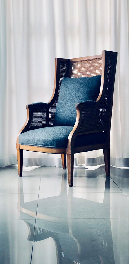 LOUIS XV/XVI FRENCH CANED BERGERE WING CHAIR REUPHOLSTERED