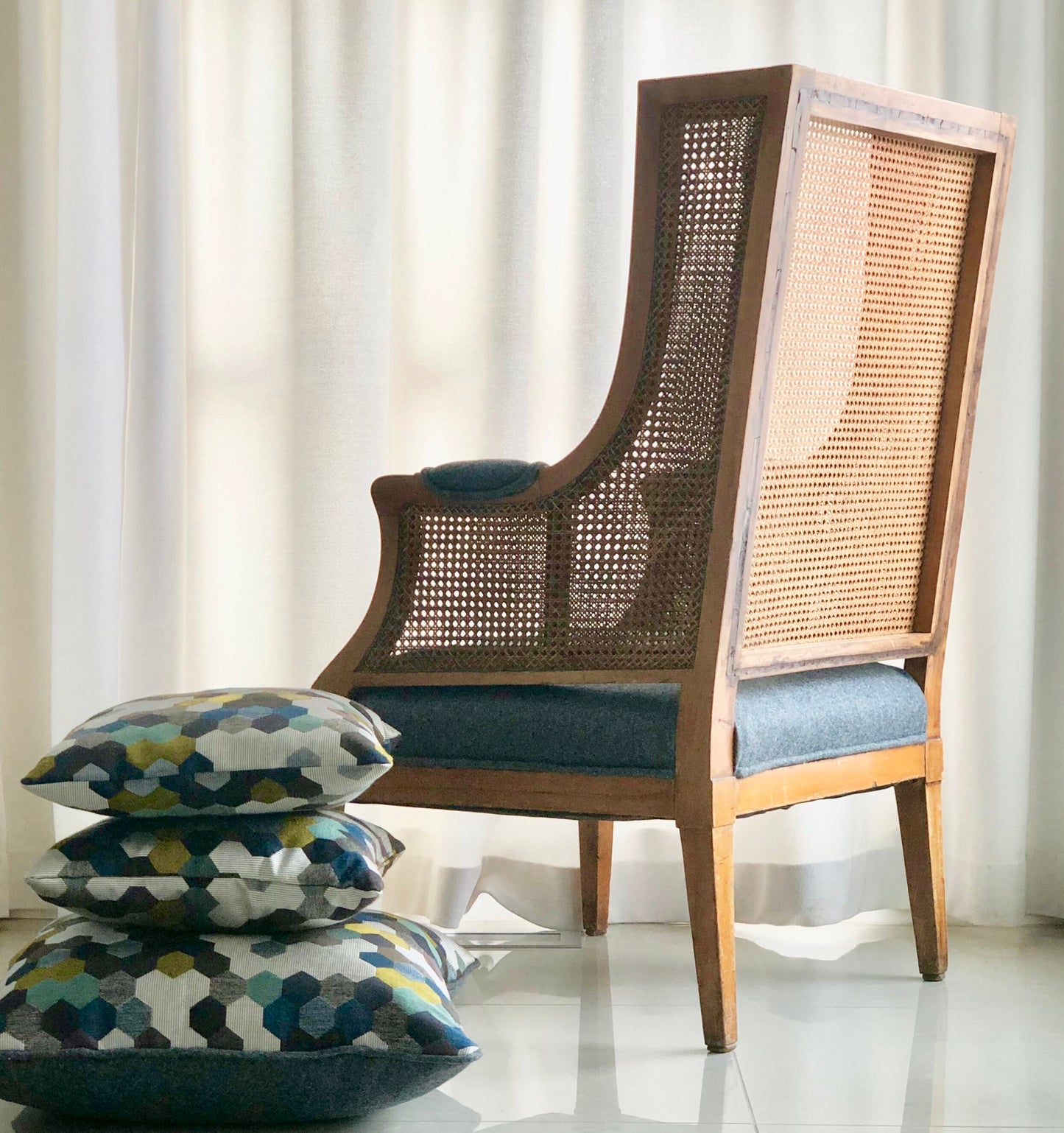 LOUIS XV/XVI FRENCH CANED BERGERE WING CHAIR REUPHOLSTERED