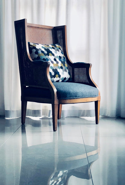 LOUIS XV/XVI FRENCH CANED BERGERE WING CHAIR REUPHOLSTERED