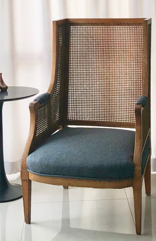 LOUIS XV/XVI FRENCH CANED BERGERE WING CHAIR REUPHOLSTERED