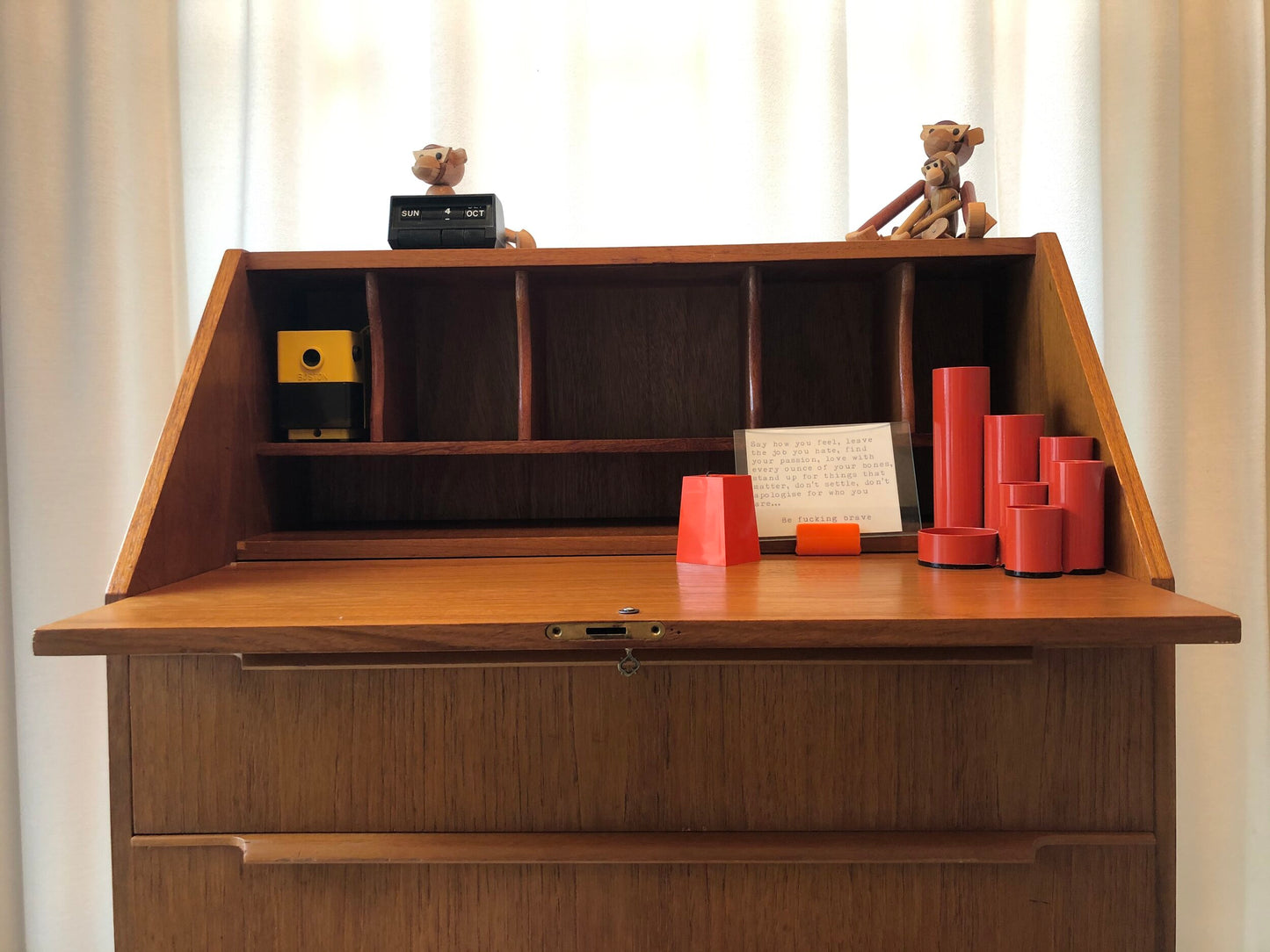 TEAK SECRETARY FOLD DOWN DESK w/ HAIRPIN LEGS