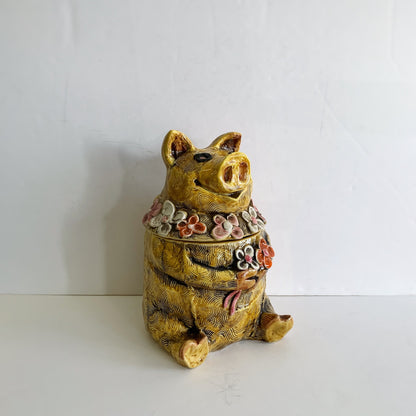 1960s CERAMIC FLOWERPOWER PIG COOKIE JAR
