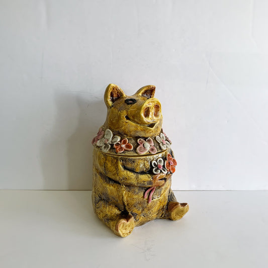 1960s CERAMIC FLOWERPOWER PIG COOKIE JAR