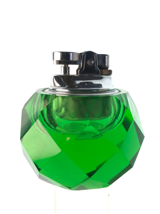 DEEP EMERALD GREEN CUT GLASS TABLETOP LIGHTER 1950's