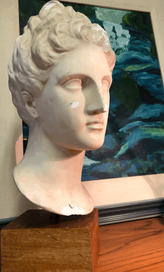 ITALIAN CLASSICAL PLASTER BUST STATUE ON WOODEN PLINTH